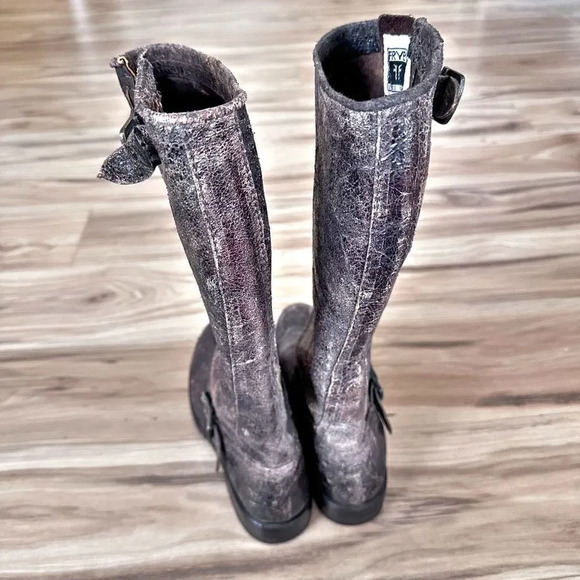 FRYE | Veronica Slouch Boot Chocol Crackle Leather Knee High Moto | Size 6.5 - Picture 4 of 8